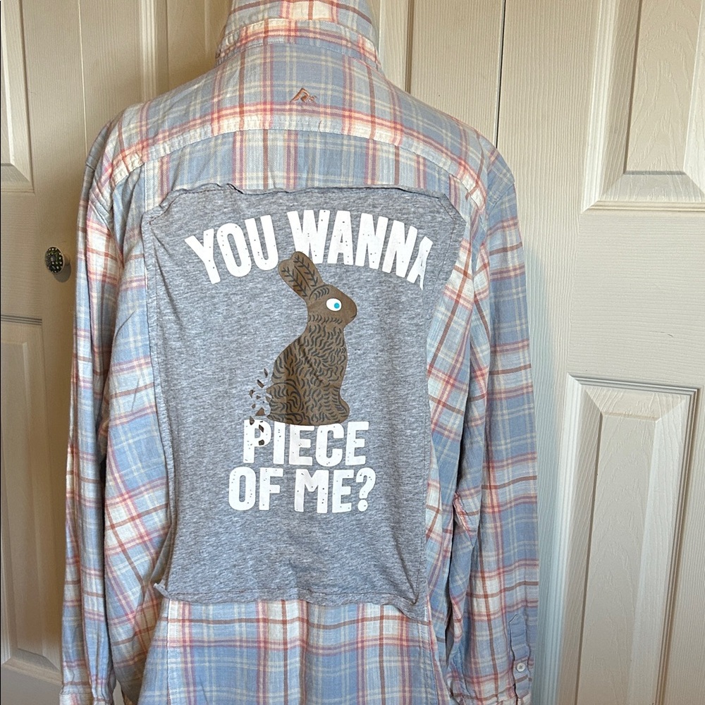 Upcycled Flannel Unisex Casual Plaid Button-Down Shirt with Graphic Back